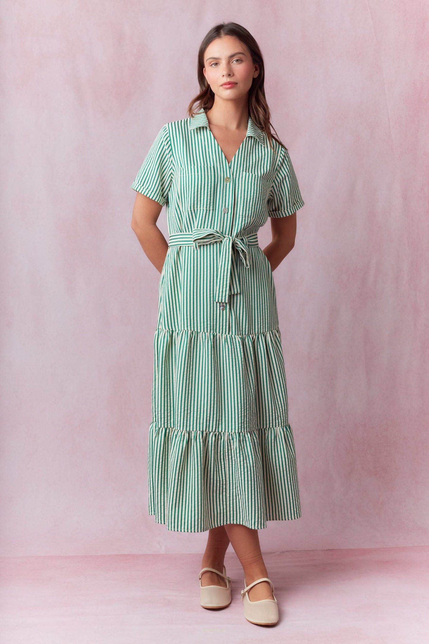 Green and Ivory Striped Shirt Dress