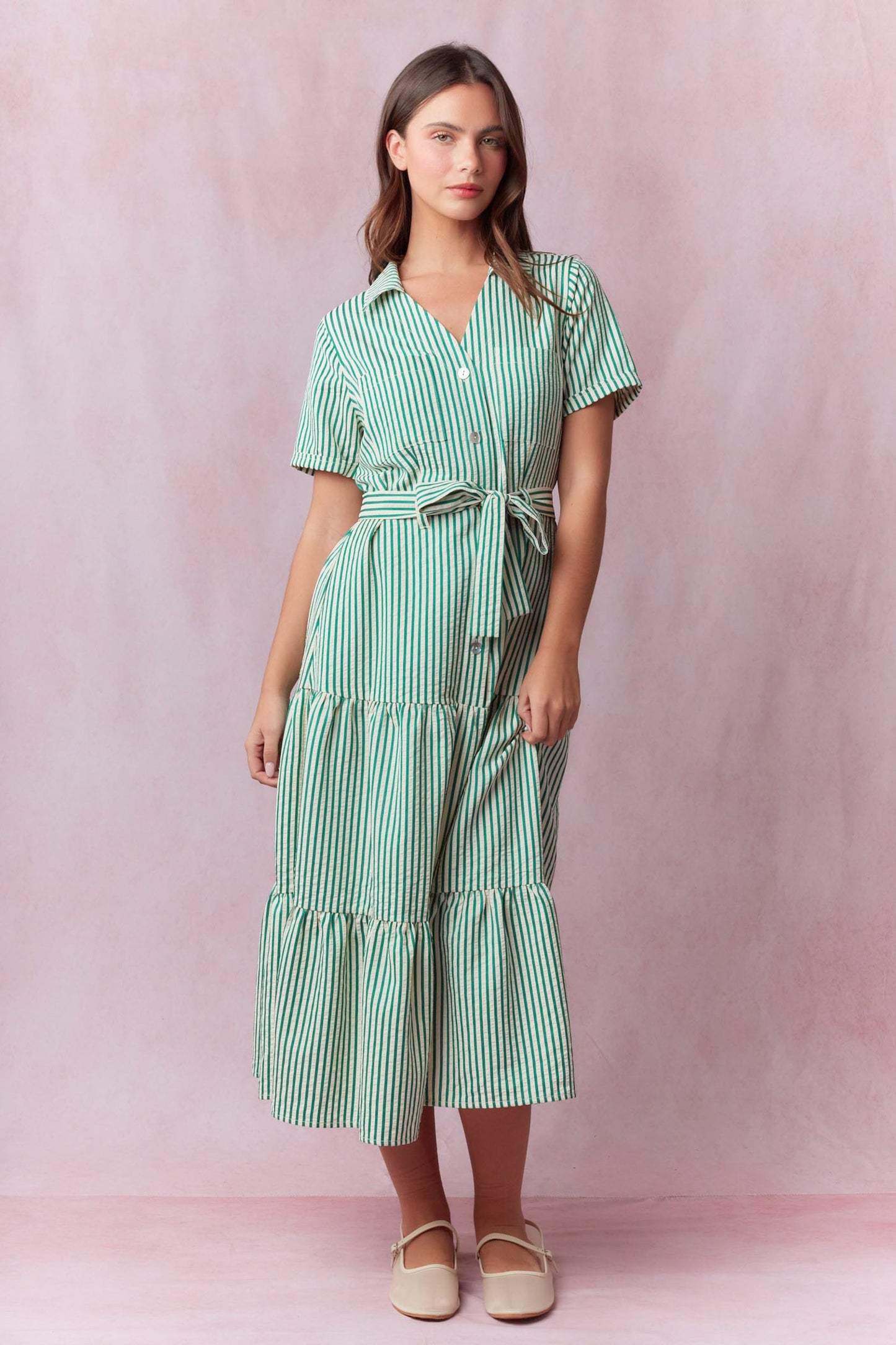 Green and Ivory Striped Shirt Dress