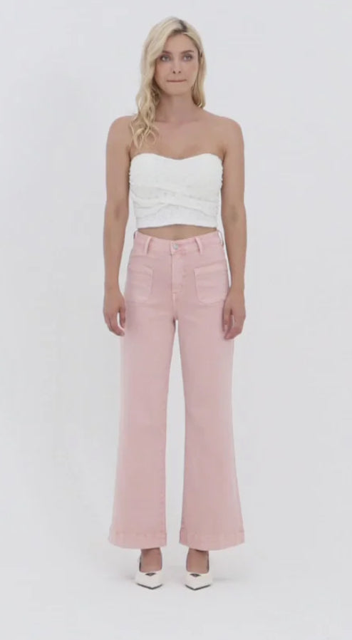 Luna High Rise Wide Leg Jeans with Patch Pocket in Peach/Pink