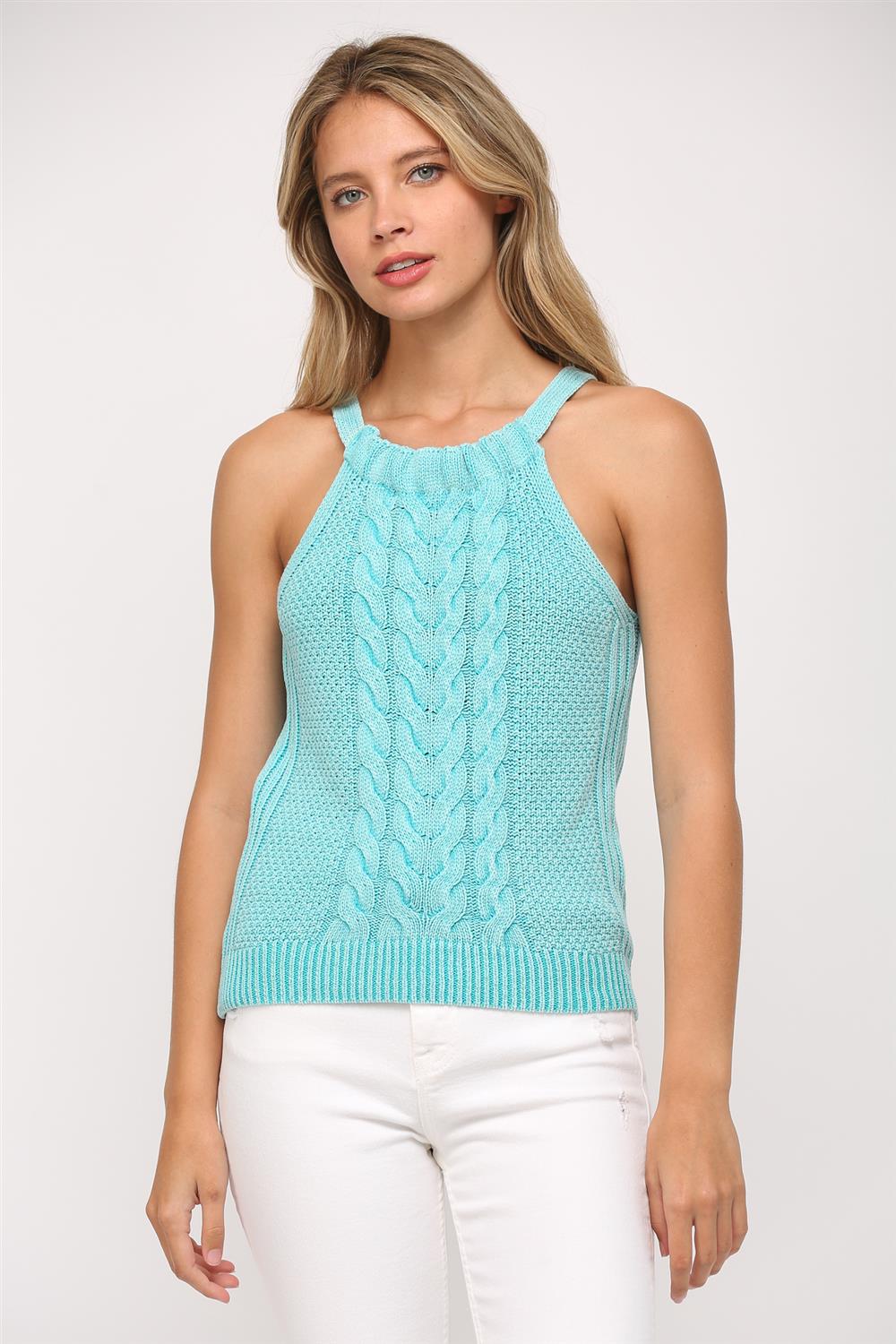 Aqua Washed Cable Knit Sweater Tank