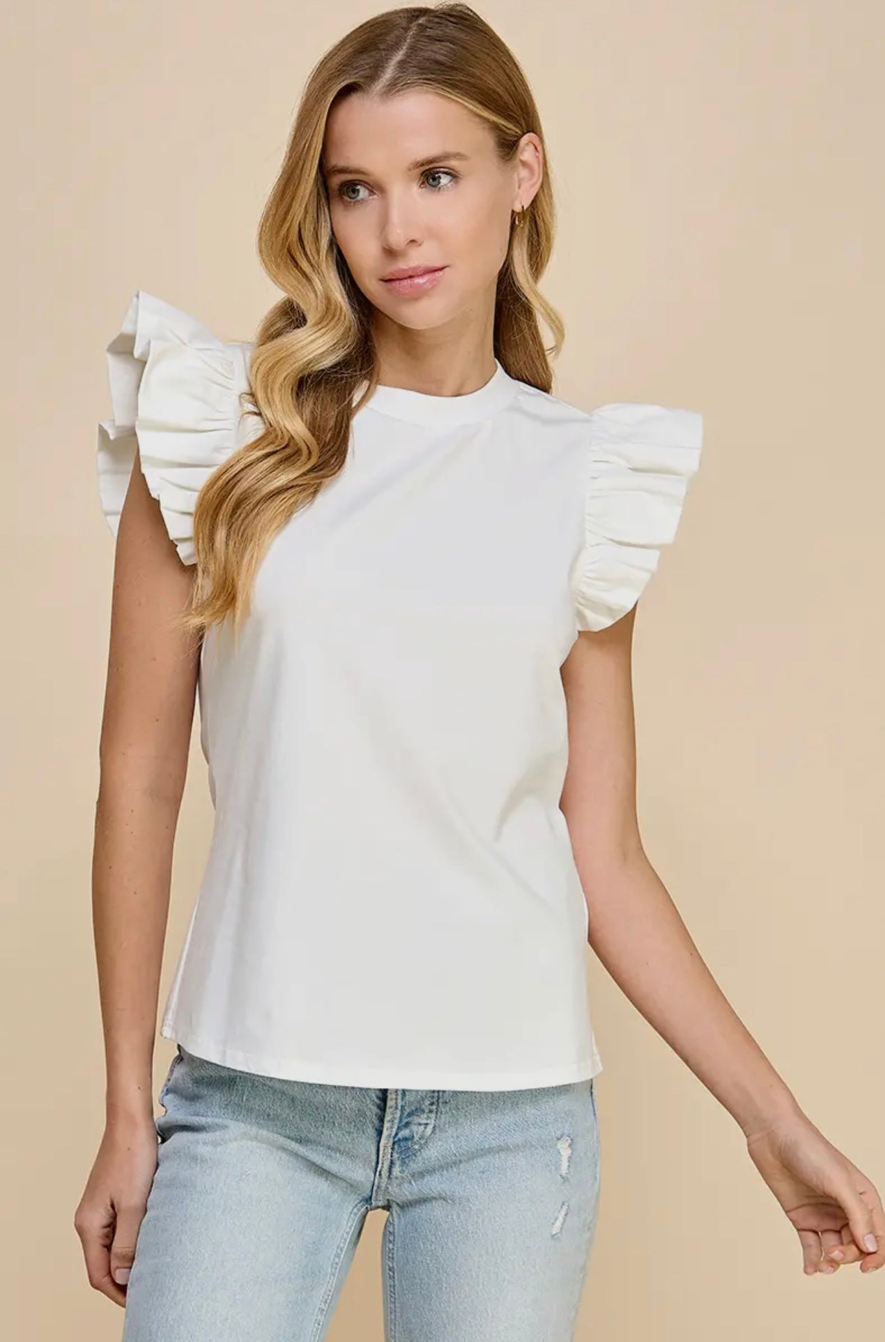 Ruffle Sleeve Poplin Top in White