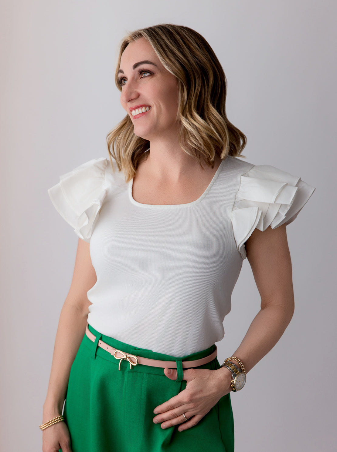 Ruffle Sleeved Square Neck Ribbed Top