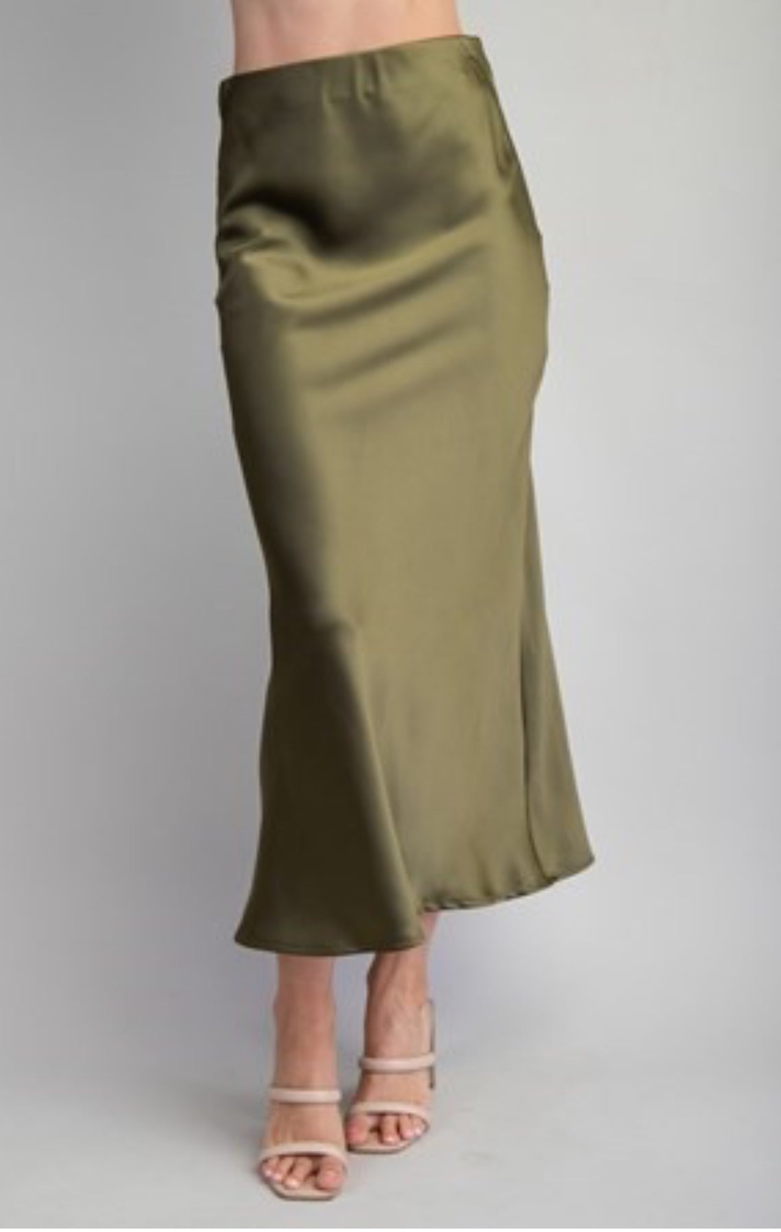 Olive Satin Midi Skirt