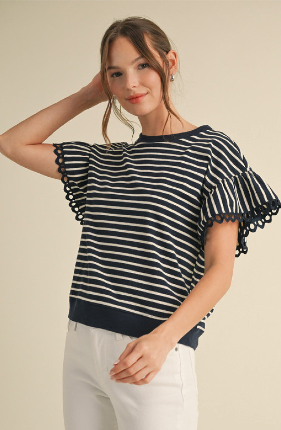 Navy Striped Eyelet Lace Trim Top