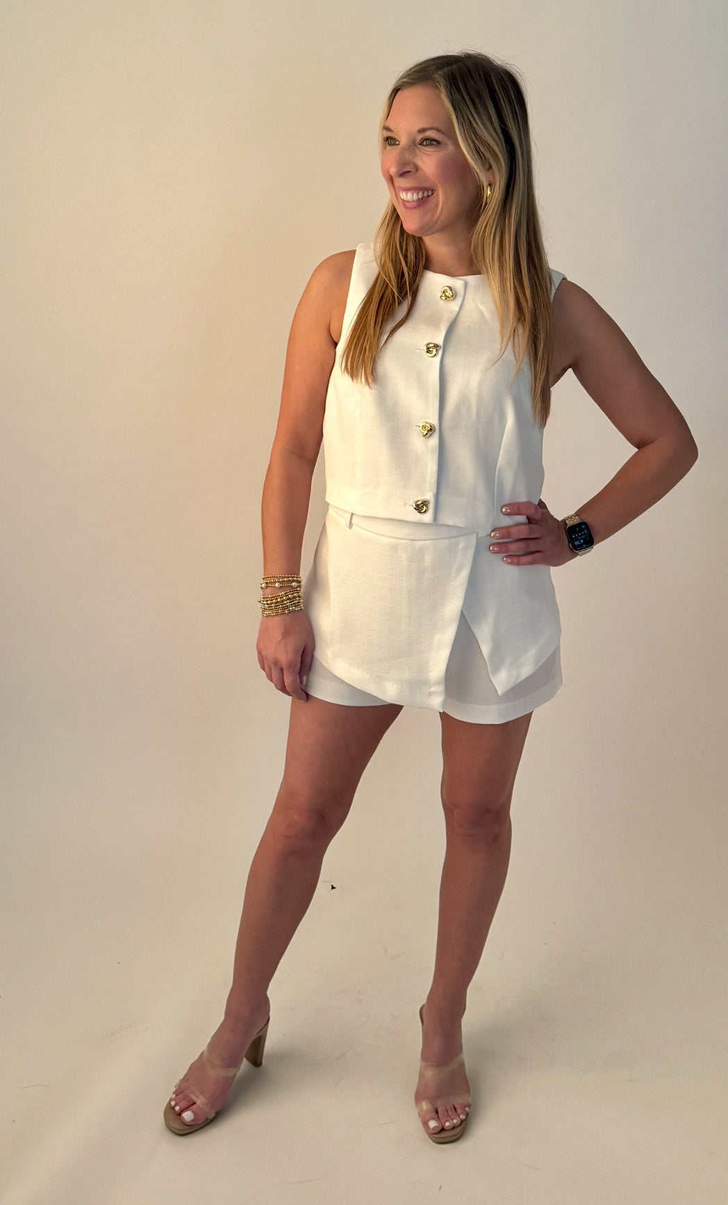 White Skort Set with Gold Buttons