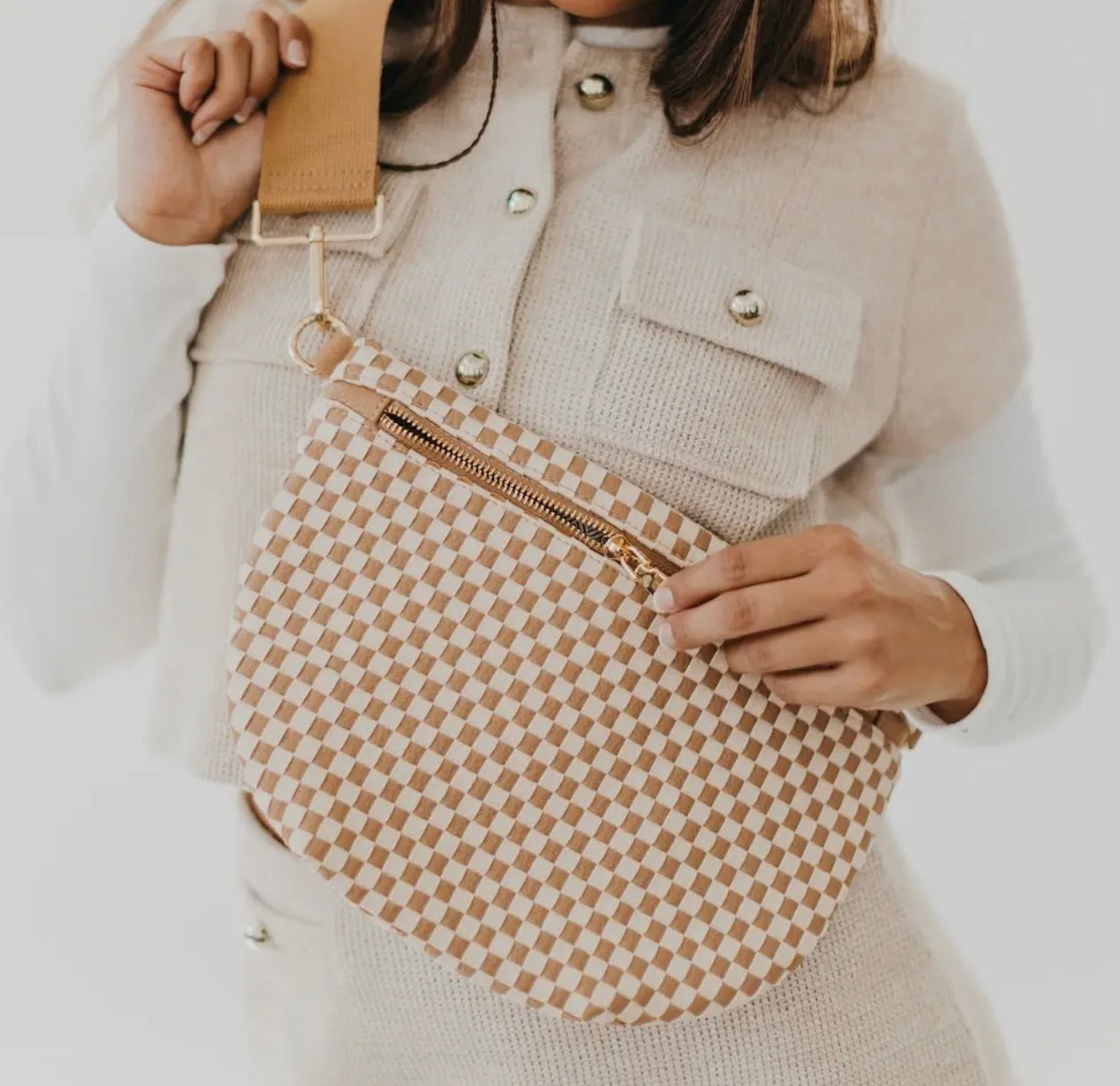 Tan Checkered Vegan Leather Crossbody