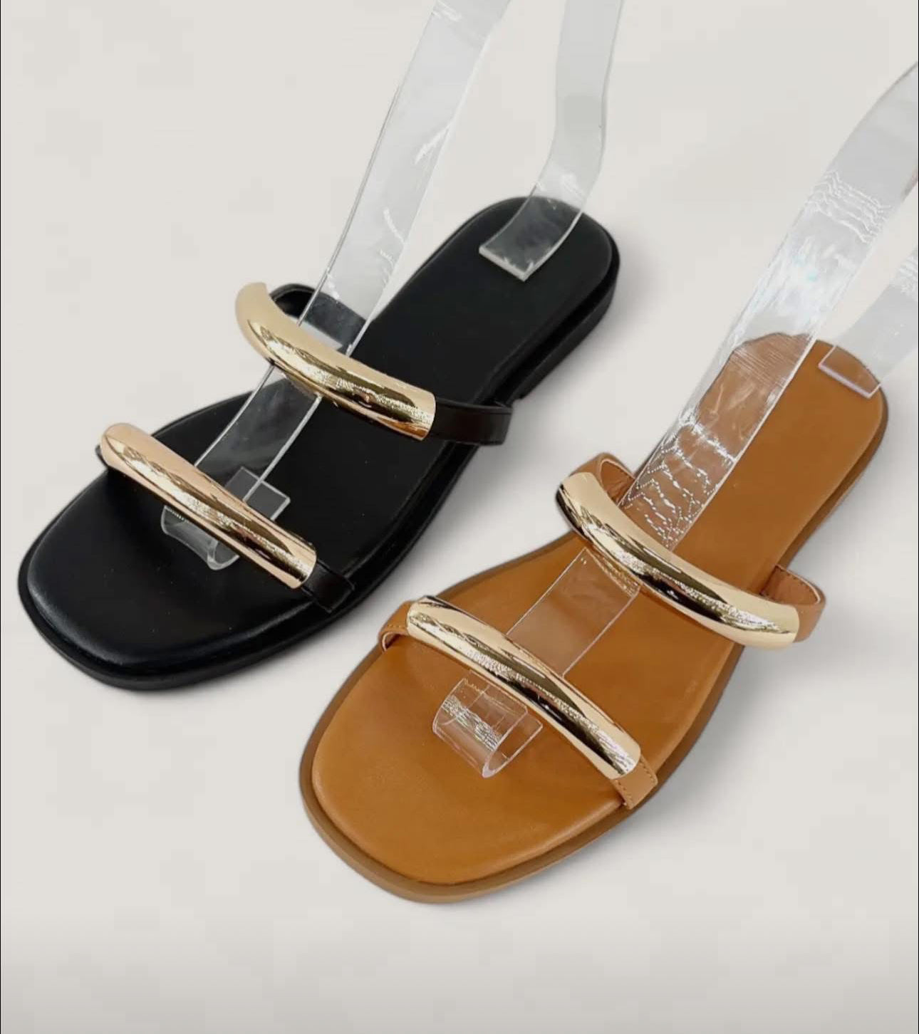 Tan and Gold Slide Sandals