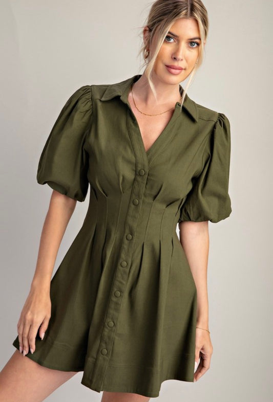 Pin Tucked Waist Dress in Olive