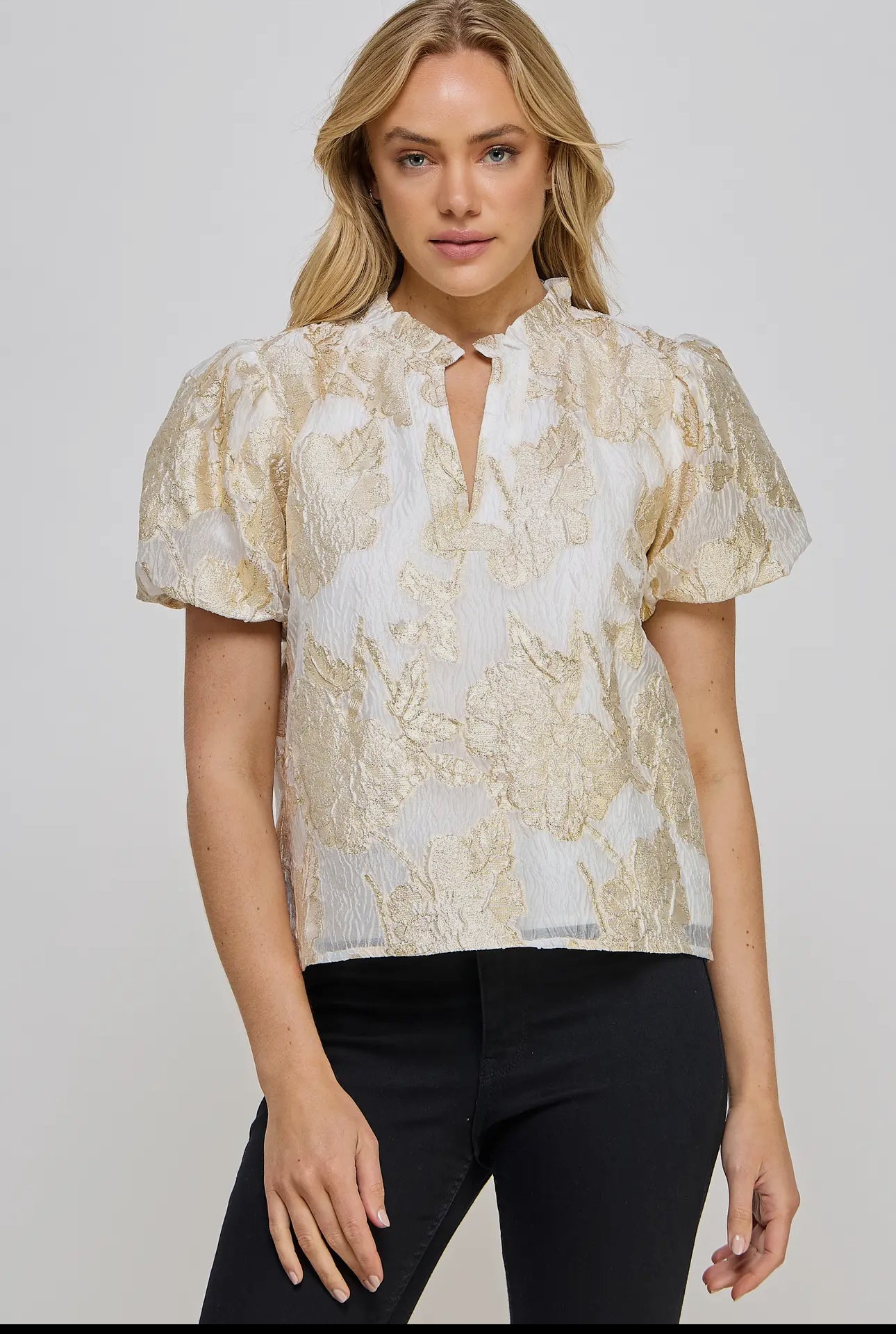 Gold Foiled V Neck Puff Sleeve Top