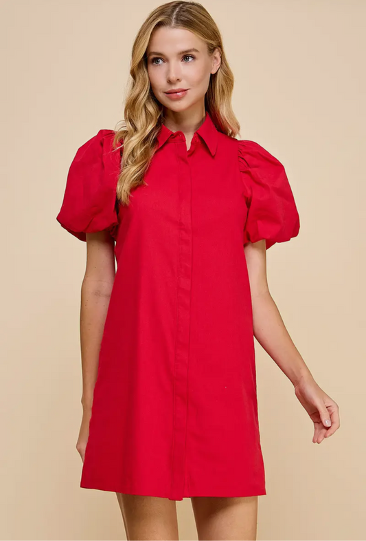 Puff Sleeve Dress in Red