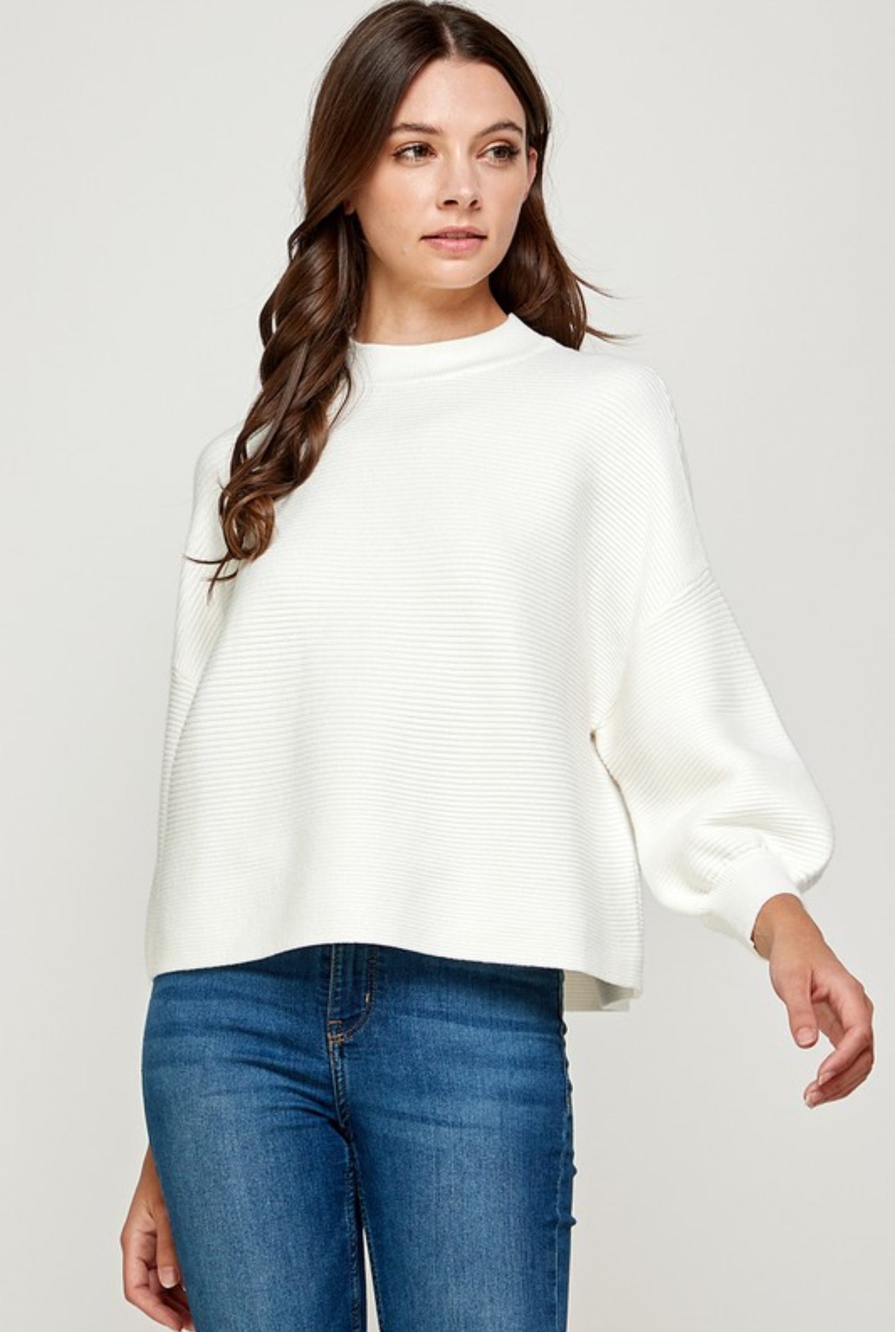 Balloon sleeve Ribbed Sweater in White