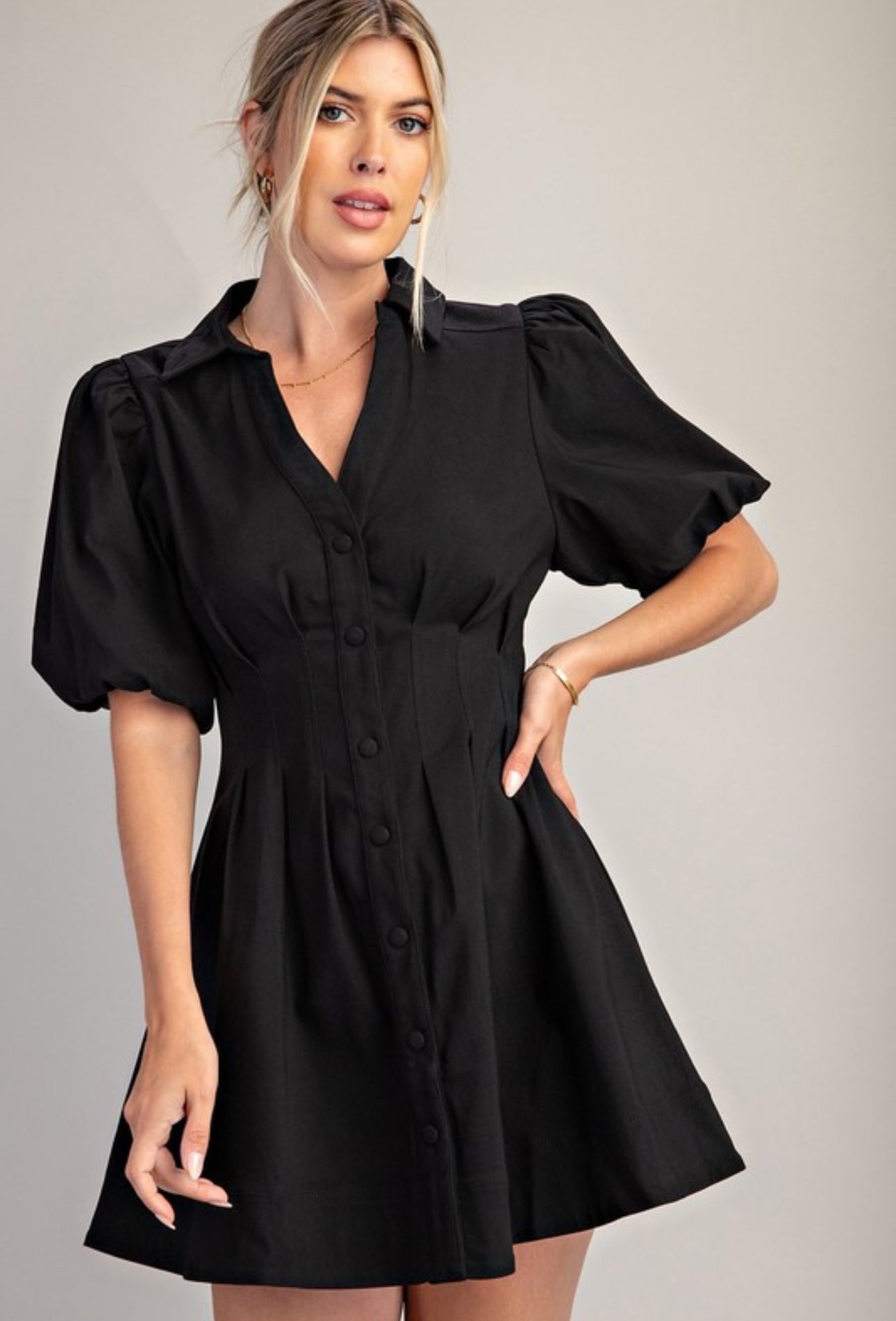 Pin Tucked Waist Dress in Black