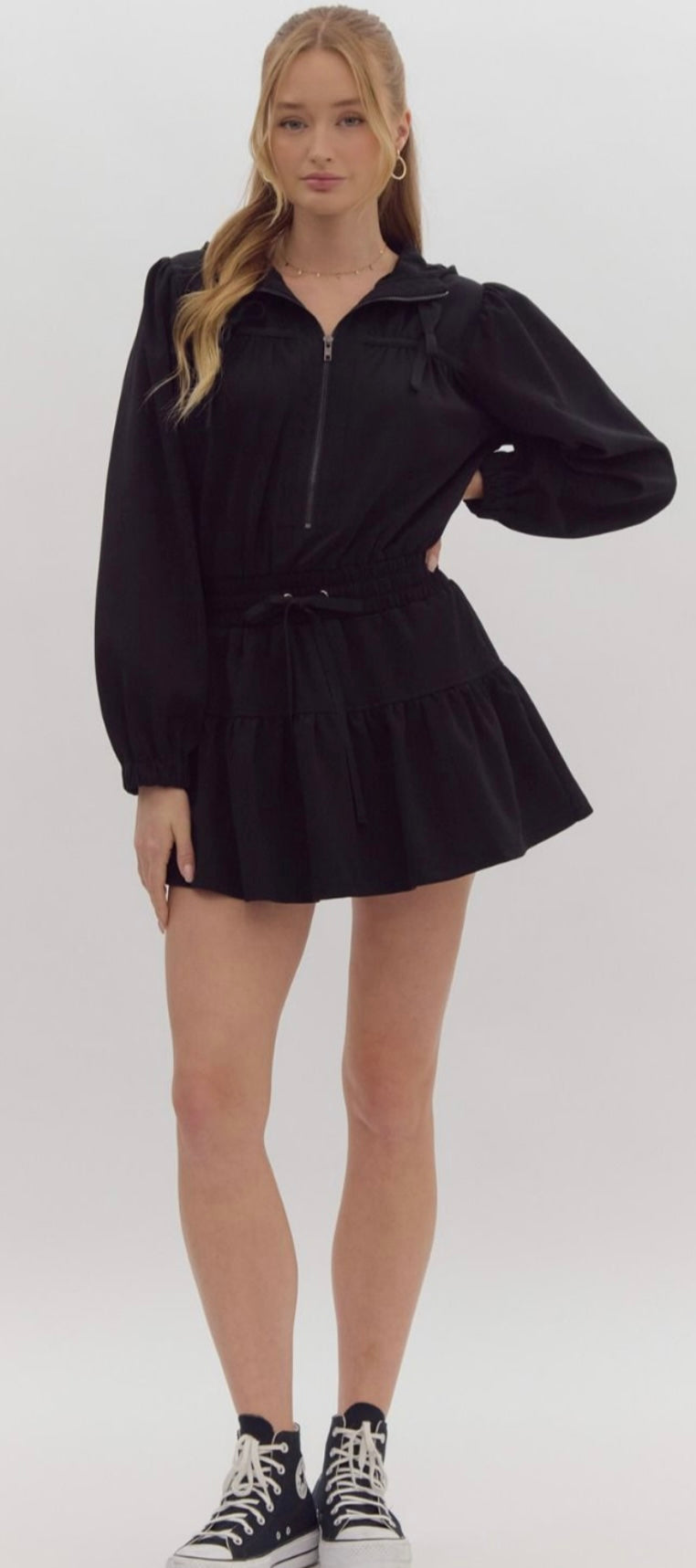 Long Sleeve Hooded Mini Dress in Black