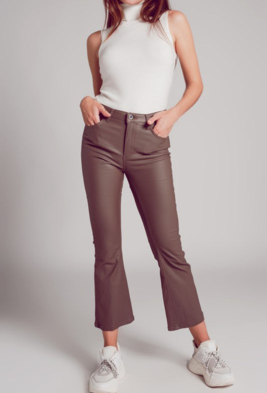 Stretch Faux Leather Pants in Beige