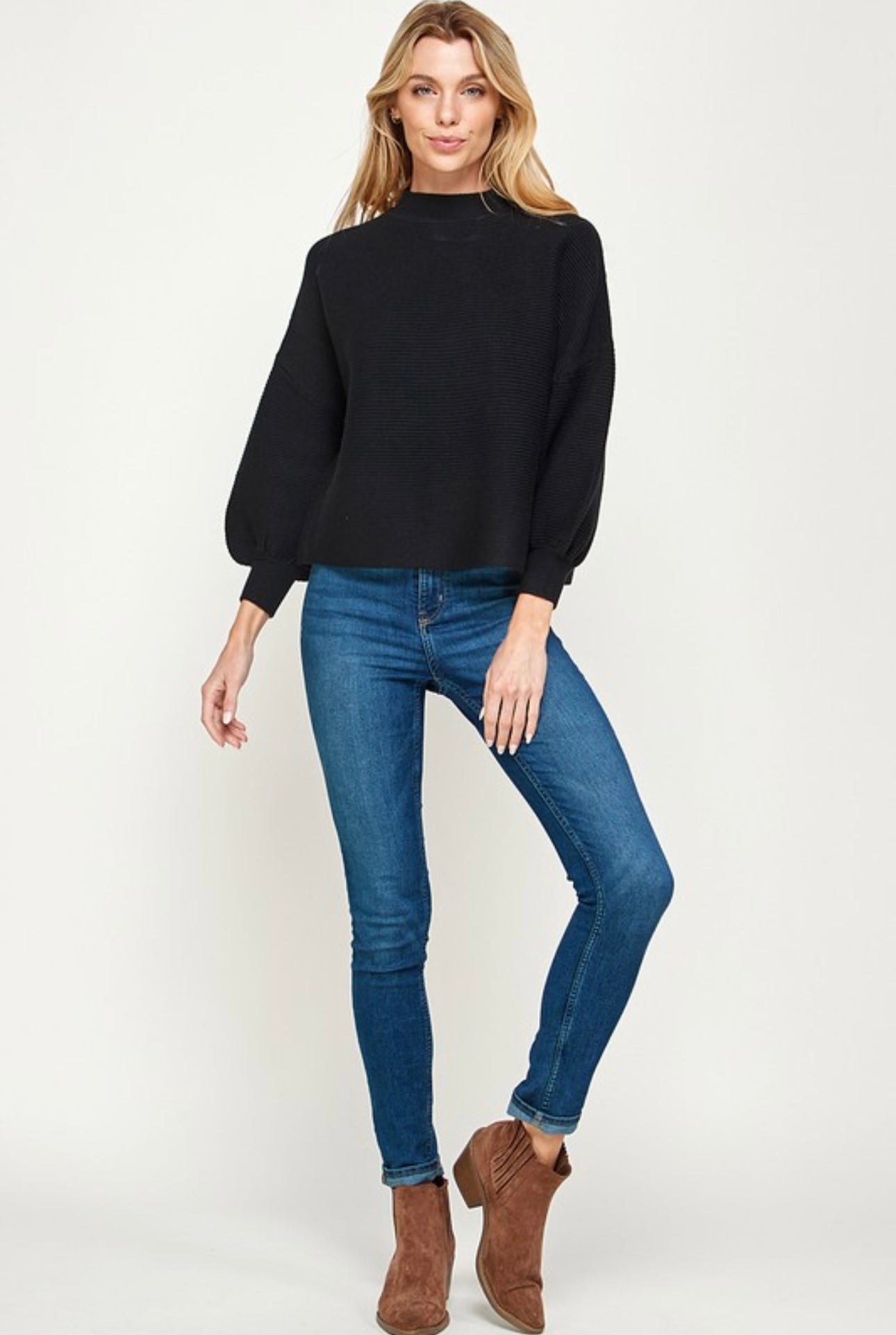 Balloon Sleeve Ribbed Sweater in Black