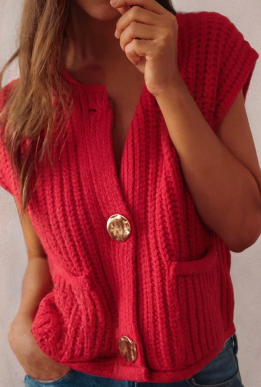 Gold Button Sweater Vest in Red