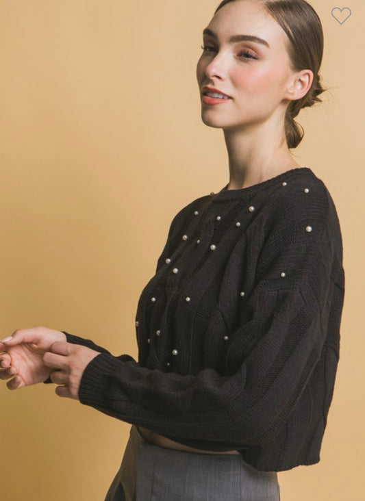 Cable Knit Sweater with Pearls in Black