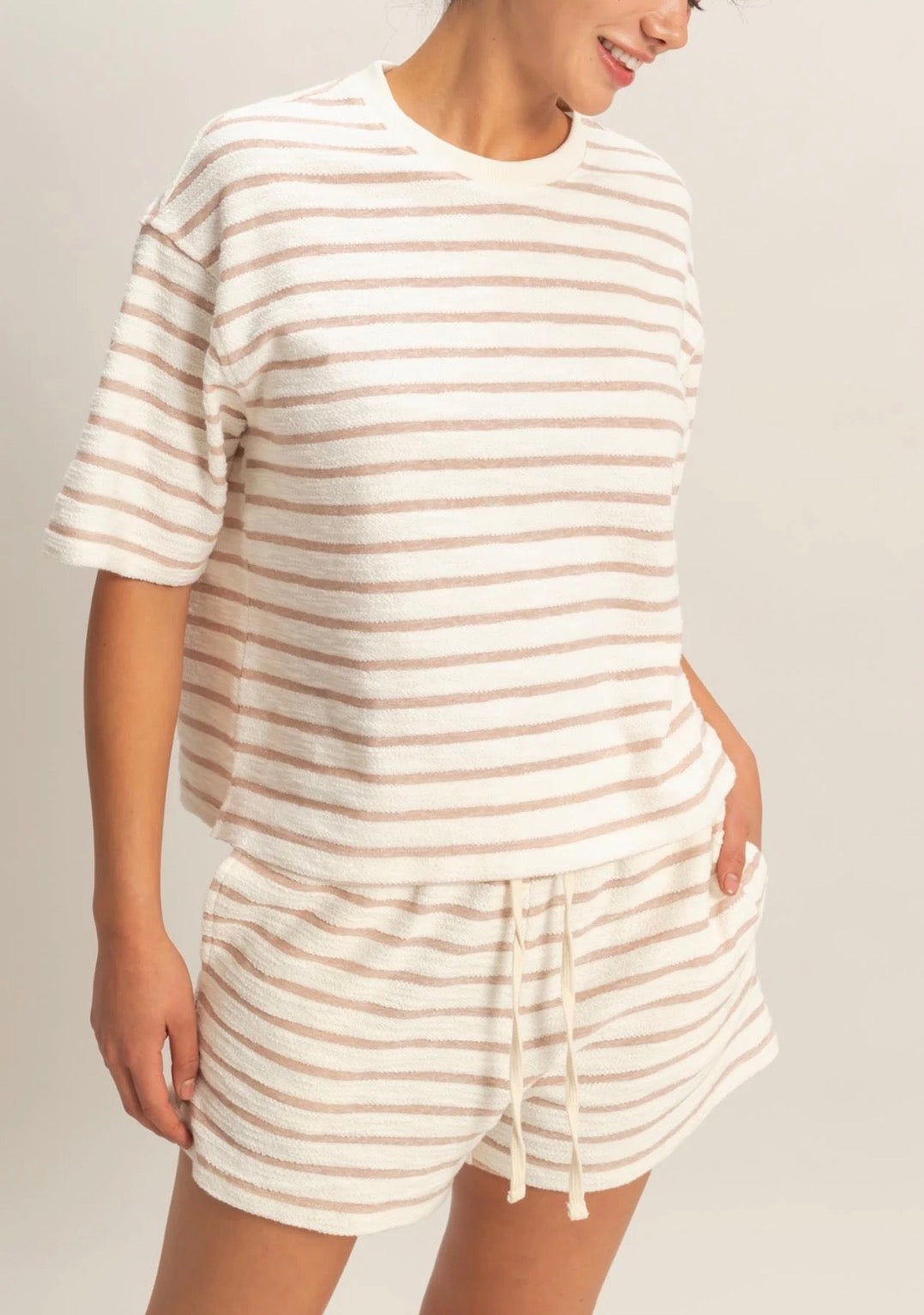 Taupe Striped Short Sleeve Terry Crew Neck Top and Short Set