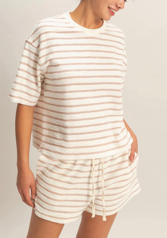 Taupe Striped Short Sleeve Terry Crew Neck Top and Short Set