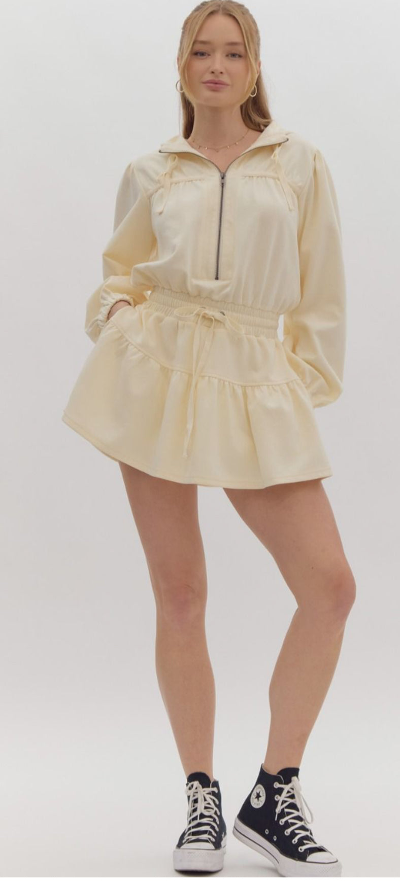 Long Sleeve Hooded Mini Dress in Cream