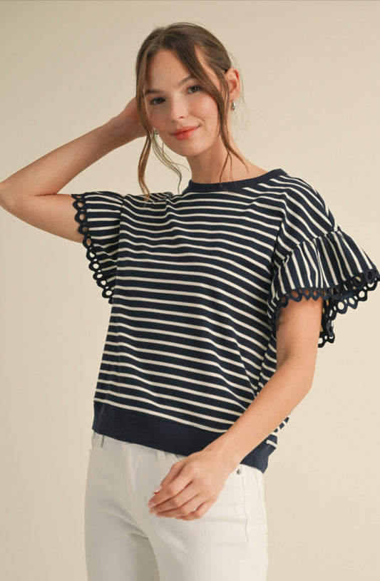 Navy Striped Eyelet Lace Trim Top