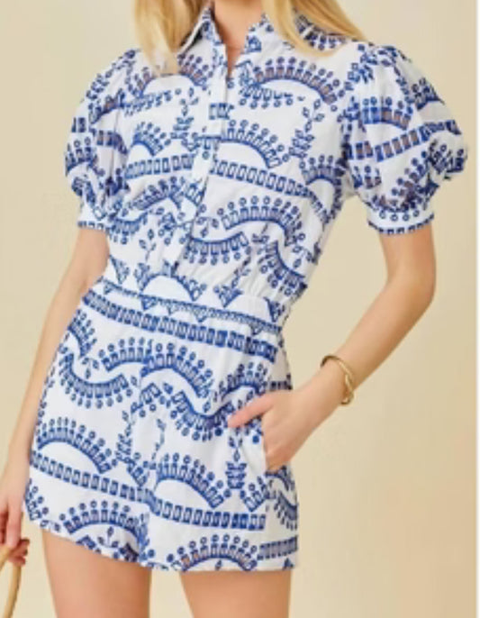 Blue and White Eyelet Romper