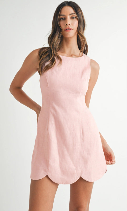 Pink Linen Dress with Scalloped Hem
