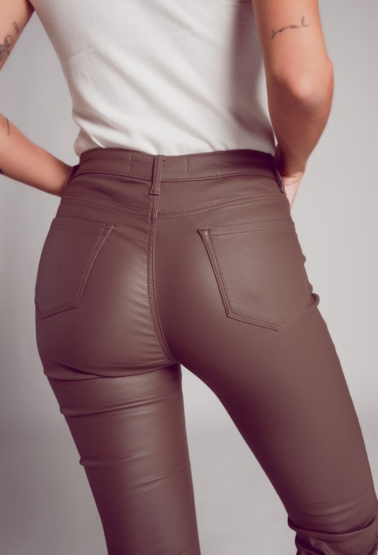 Stretch Faux Leather Pants in Beige