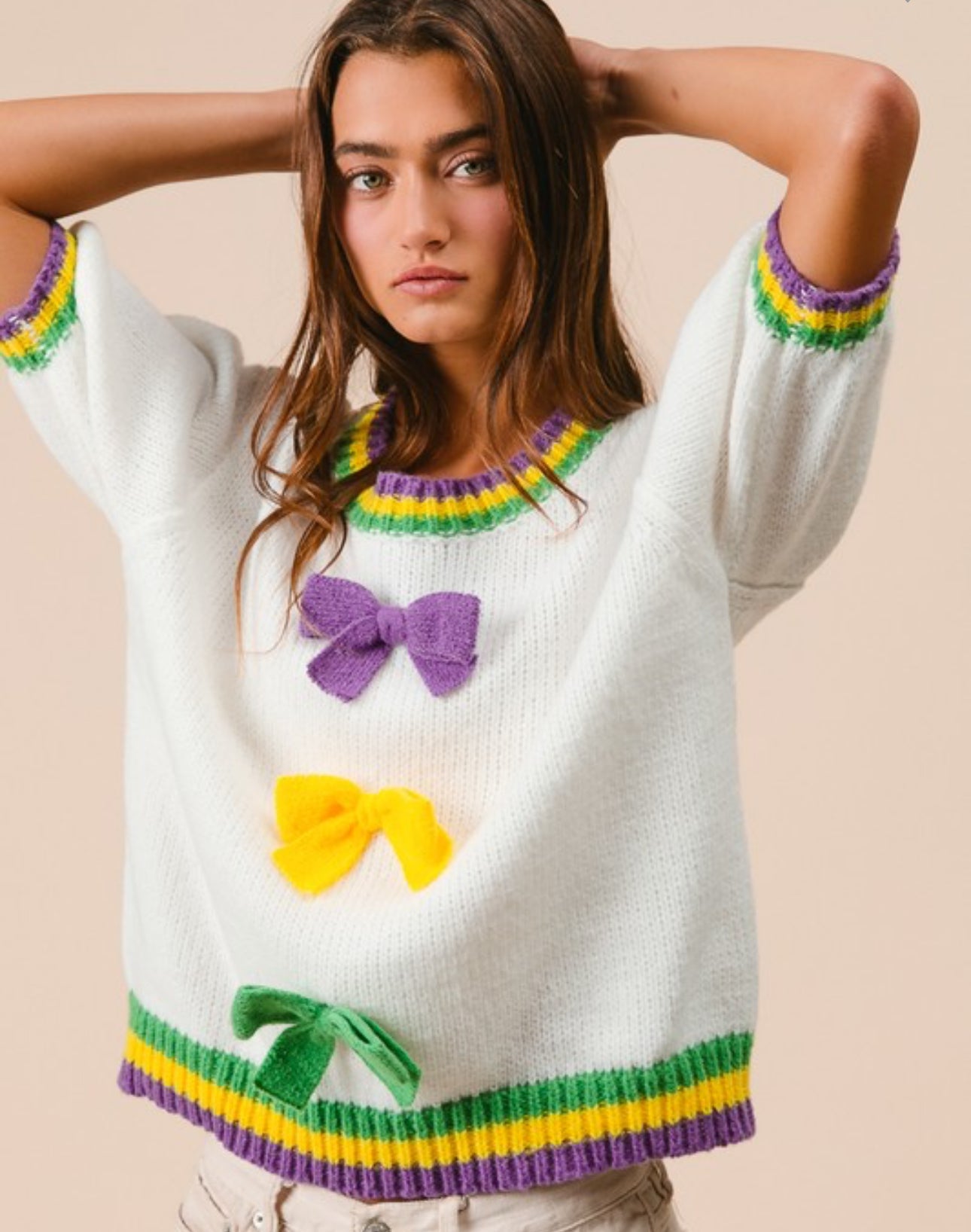 Short Sleeve Mardi Gras Bow Sweater