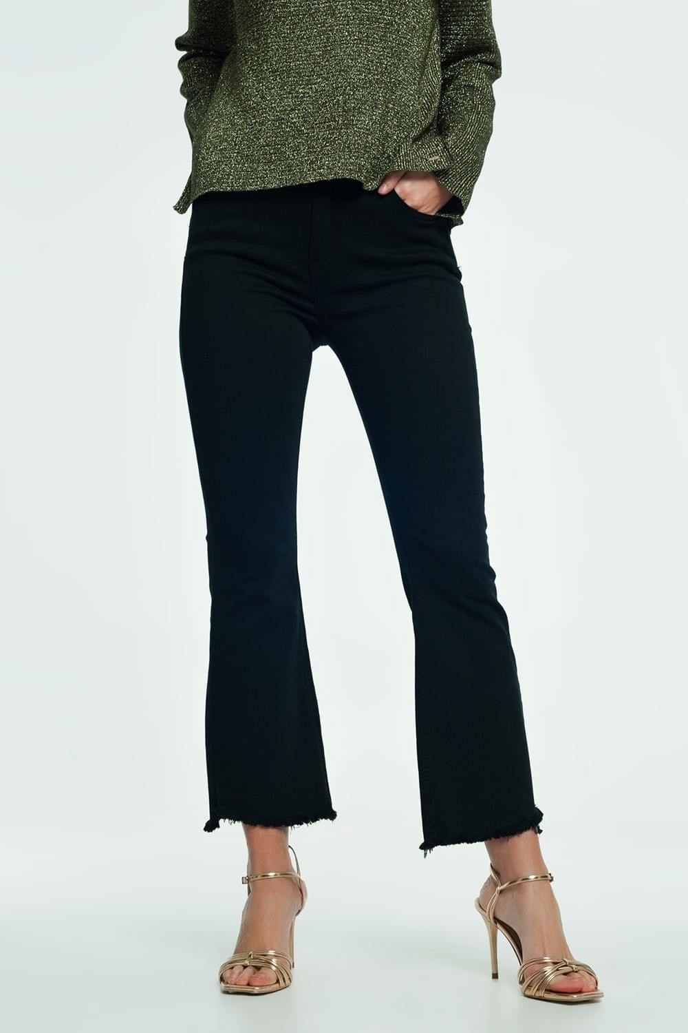 High Rise Raw Hem Flared Black Jeans