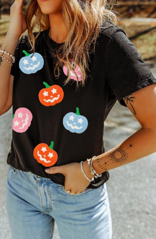 Chenille Pumpkin Patched Playful Halloween Tee