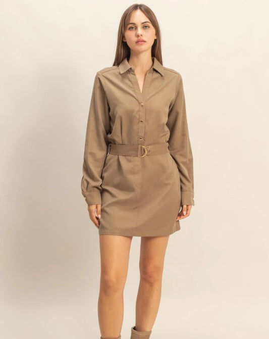 Belted Shirt Dress with Gold Buttons