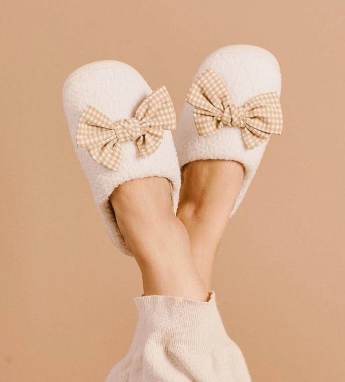 Fuzzy Bow Slippers Gingham