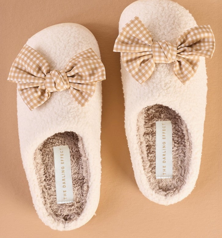 Fuzzy Bow Slippers Gingham