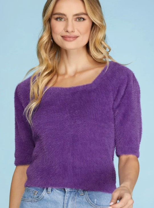 Square Neck Fuzzy Sweater Top