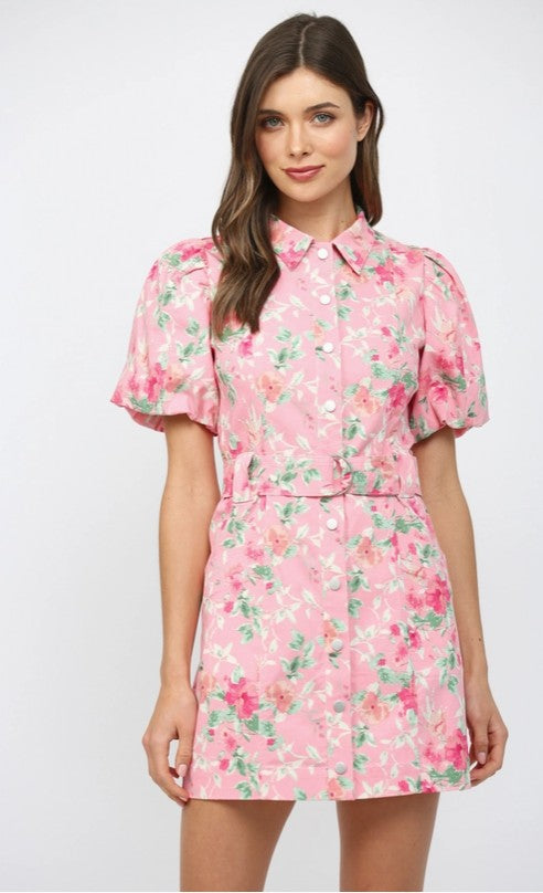 Floral Print Belted Button Down Mini Dress