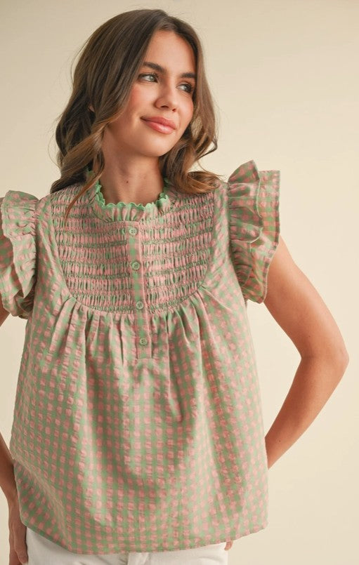 Pink Puff Sleeve Textured Blouse